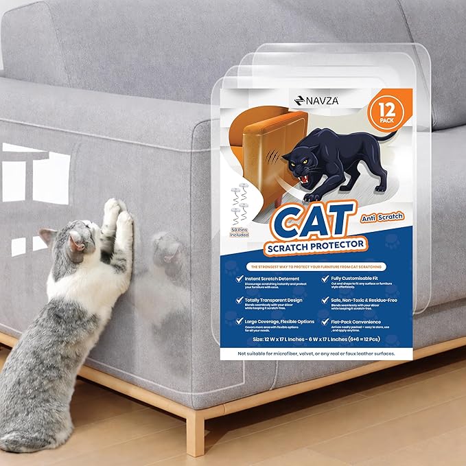 NAVZA® Cat Scratch Furniture Protector, 12 Pcs Couch Protector from Cat Claws Single Side Sticky Sheets, Easy Apply, Anti Scratch Furniture Protector for Sofa Corners, Walls, Doors with 50 Twist Pins