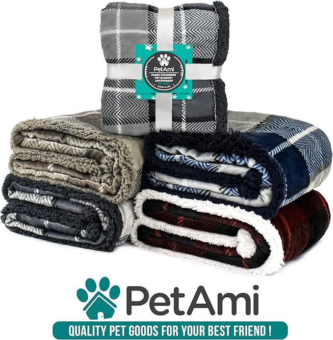 PetAmi Waterproof Dog Blanket for Small Medium Dog Puppy Cat Throw for Couch Cover Leakproof Protection, Sherpa Fleece, Reversible Soft Washable 29x40 Plaid Light Gray