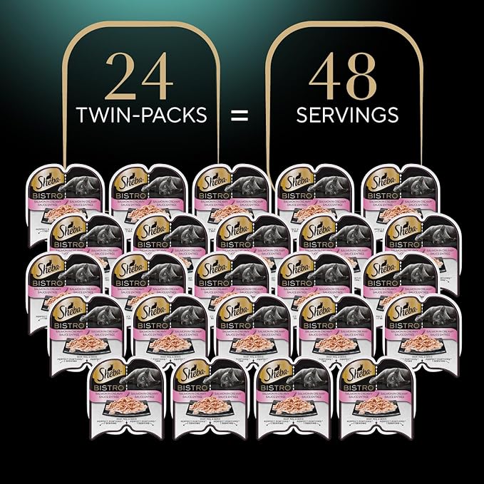 Sheba Perfect Portions Bistro Adult Wet Cat Food, Salmon in Creamy Sauce Entree, Cat Food Wet Recipe, 2.6 oz. Twin-Pack Trays (24 Count, 48 Servings)