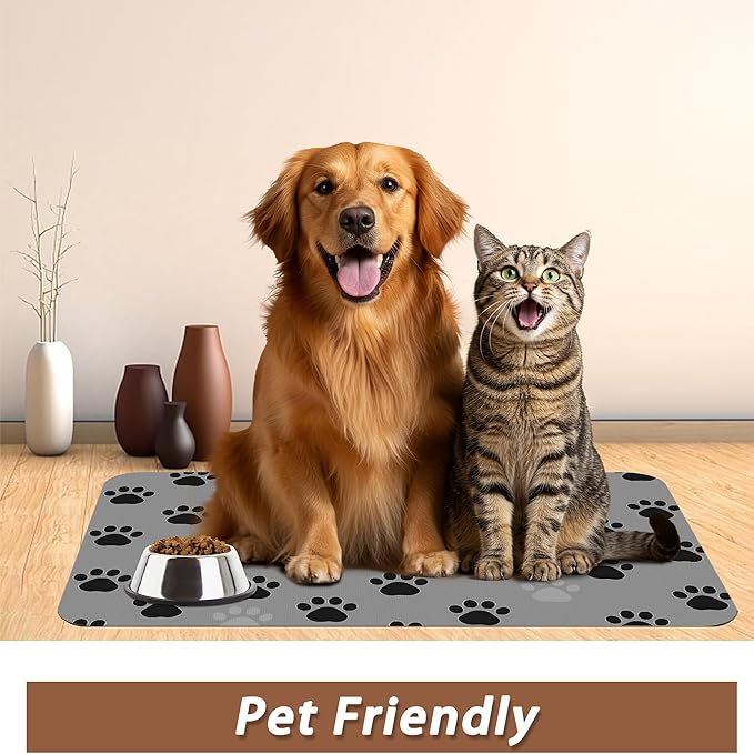 Cat Paw Prints Dog Food Mat for Floors,Gray Black Absorbent Pet Food and Water Bowl Mats,Non-Slip Pet Feeding Mat,Pet Supplies 12" x 20"