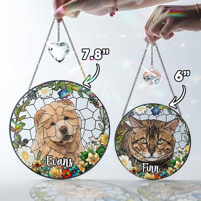 Personalized Pet Stained Glass Suncatcher Custom Name Dog Cat Photo Ornament Window Hanging Sympathy Gift for Loss of Pet Animal Memorial Bereavement Keepsake Remembrance Gift for Dog Lovers