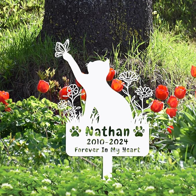 Custom Butterfly Cat Grave Marker Outdoor Metal Memerial Stake, Personalized Cat Memorial Grave Marker with Paws, Customized Flowers Cat Memorial Statue Plaque Garden Stake Cat Headstone