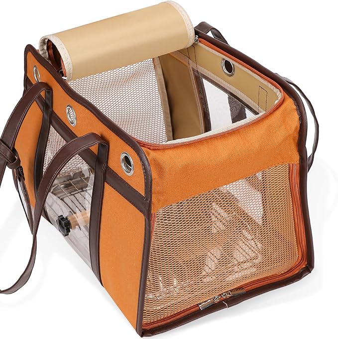 Sanmoncare Stylish Bird Carrier with PU Leather Handle, Portable Travel Cage for Cockatiels & Conures, Lightweight Parrot Bag with Stainless Steel Tray, Vet Visit, Brown