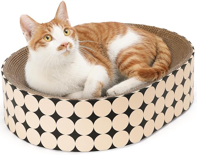 FUKUMARU Cat Scratcher Cardboard Lounge Bed, 2-in-1 Cat Scratch Pad, Oval Cats Scratching Board Indoor, Durable Modern Kitty Scratcher Bowl, Cats Scratch Furniture Protector, Polka Dot