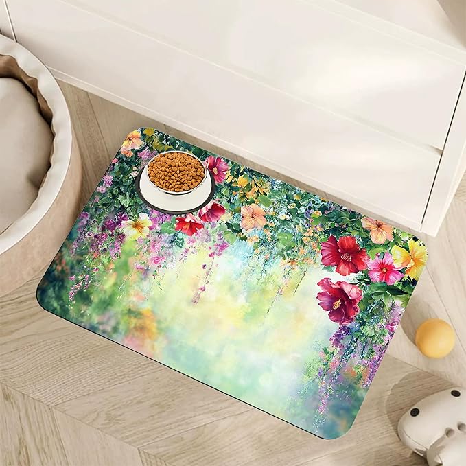 Abstract Spring Flowers Dog Food Mat for Floors,Blossom Ivy Colorful Absorbent Pet Food and Water Bowl Mats,Non-Slip Pet Feeding Mat,Pet Supplies 16" x 24"