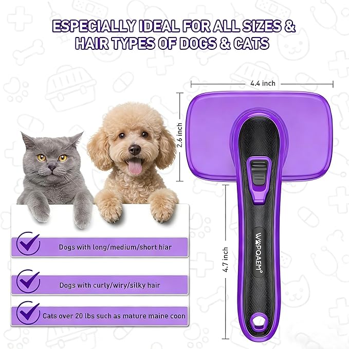Self Cleaning Slicker Brush for Dog, Cat, Skin Friendly Shedding & Grooming Tool for Long and Short Haired Pets, Easy Clean Retractable Bristles, Purple