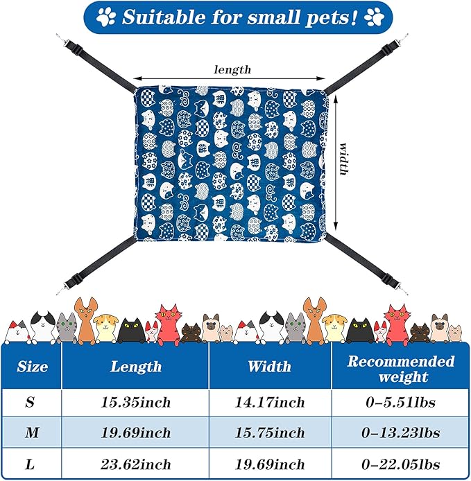 Jetec 2 Pieces Reversible Cat Hanging Hammock Soft Breathable Pet Cage Hammock with Adjustable Straps and Metal Hooks Double Sided Hanging Bed for Small Dogs Rabbits(Cat and Plaid,S)