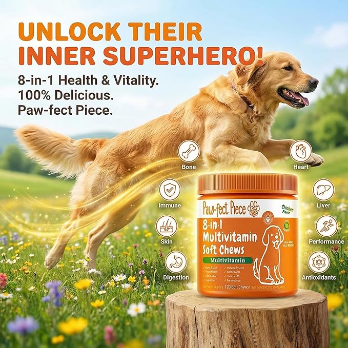 Paw-FECT Piece 8-in-1 Natural Dog Multivitamin Chews, Dog Supplement for Hips & Joints, Skin & Coats, Digestion, Immune Support, Omega 3, Anitoxidents, for All Ages and Breeds, Chicken-120 Count