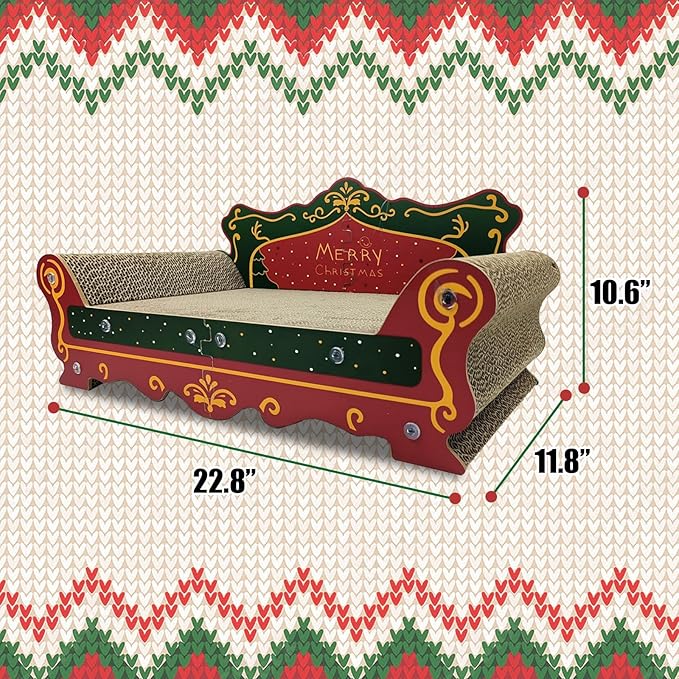 Luxury Cardboard Cat Scratcher Sofa Bed, Couch Shaped Scratching Board, Scratch Lounge with Catnip, Scratcher for Indoor Cats Large (Christmas Tree Pattern)