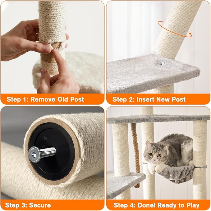 4 Pack Cat Scratching Post Replacement, 11.8 x 2.7 Inch Sisal Poles with M8 Screws, Refill Parts for Indoor Cat Towers and Furniture Repair-White
