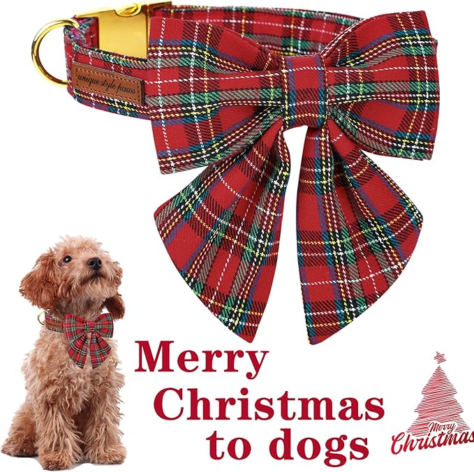 Unique style paws Christmas Dog Collar with Bow Tie Scottish Plaid Puppy Collar for Small Medium Large Dogs as Holiday Autumn Winter Gifts-S