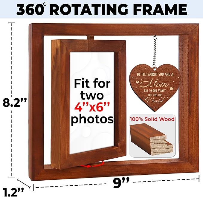 Walnut Rotating Picture Frame for Mom Floating Frame 4x6 Photo Double-Side Mama Nana Step Mom Mother-in-law Birthday Christmas Mother's Day Gifts Family Frame Tabletop Display HU-KX-MOM-WAL-A8