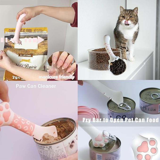 Multifunctional Pet Food Scoop and Spatula Set Pet Dry Food Scooper + Cat Wet Can Spoon Mesuring Cup with Sealing Clip for Containers for Dogs Cats Birds and Rabbits Feeding Diswhasher Safe- Pink
