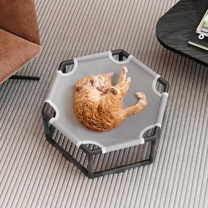 Tresbro Elevated Cat Hammock Bed, Hexagon Raised Cat Swing Bed for Indoor and Outdoor Use with Breathable Fabric & Anti-Slip Block, 23.6'' x 10.6'' x 12'' Pet Chair for Large to Small Kitty Cot