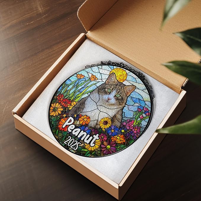 Custom Dog Portrait Art Suncatcher Stained Glass Remembrance Gift Indoor Decor Window Hanging Cat Bereavement Keepsake Loss of Pet Sympathy with Name Date Portrait Gifts
