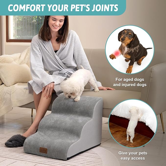 Dog Stairs for Small Dogs 15.7" H, Curved Dog Step for Puppy, Older Cat, Medium Pet Ramp for Sofa, Couch or Chair, Ladder with High Density Foam, 3 Step, 15.7x22.4x15.7 inch, Grey