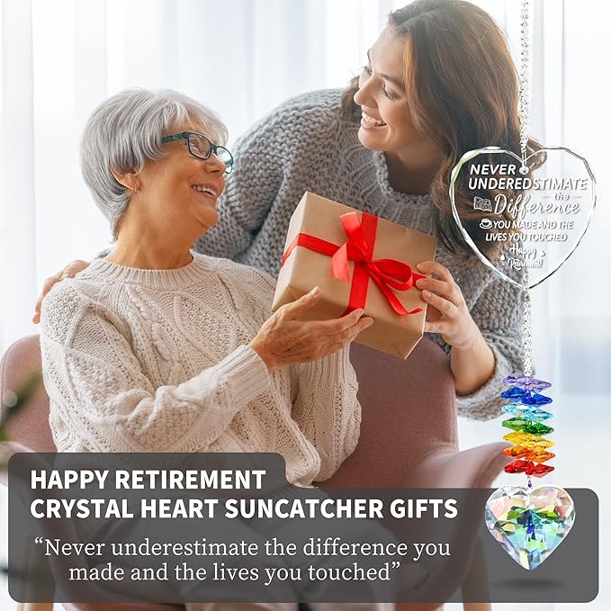 Retirement Suncatcher Gifts for Women, Men - Window Hanging Crystal Heart Prism Sun Catcher Rainbow Maker