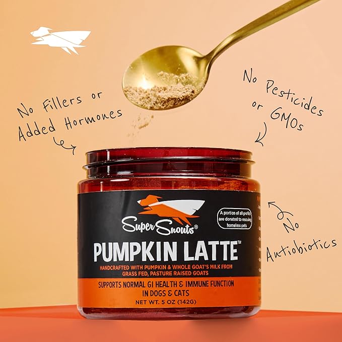 Super Snouts Pumpkin Latte Digestive Supplement for Dogs & Cats, Pumpkin Powder with Goat’s Milk, Made in USA Antibiotic Free, Healthy Gut & Stool, 10 oz