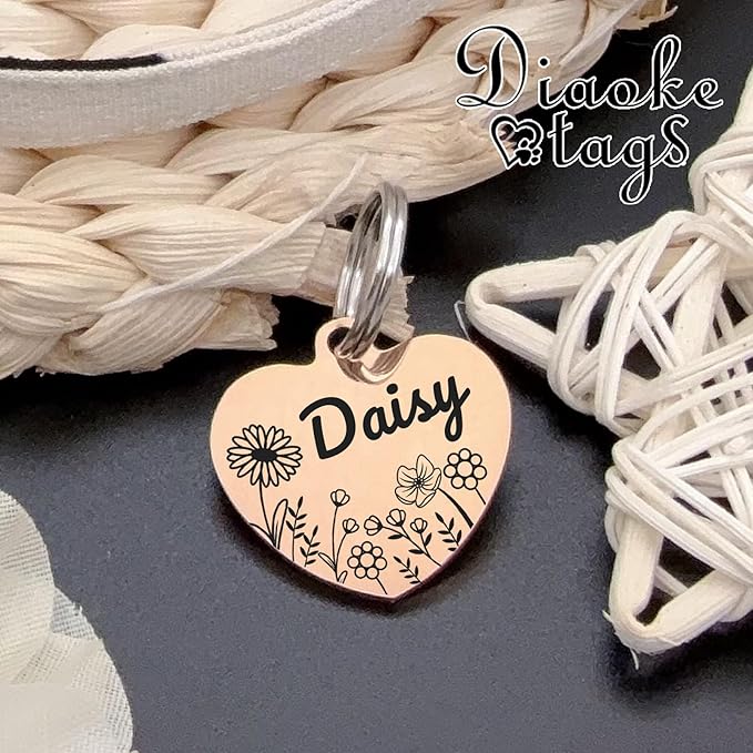 Personalized Dog Tags, Stainless Steel Pet Tags Personalized Cat, Collar Charm Engraved on Both Sides, up to 4 Lines of Custom Text, Multiple Patterns Colors Size Options (Daisy, XSmall)