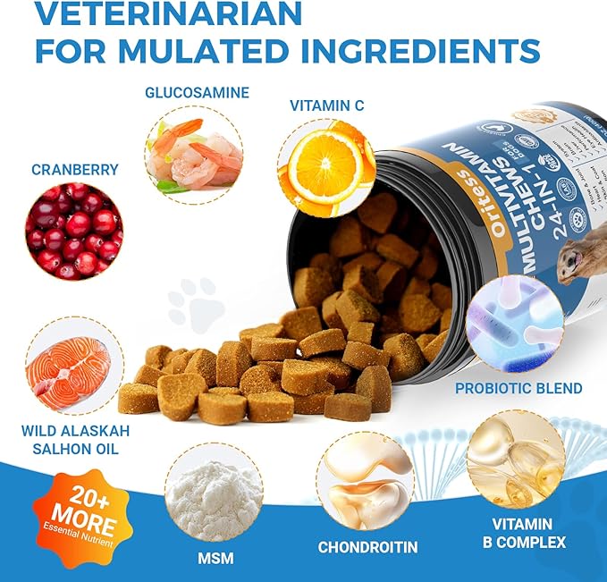 Dog Vitamins and Supplements 200 Chews 24-in-1 Multivitamin Chewable for Dogs with Glucosamine Probiotics Omega-3 Dog Chewable for Coat, Heart, HIPS & Joints, Digestion & Immune System