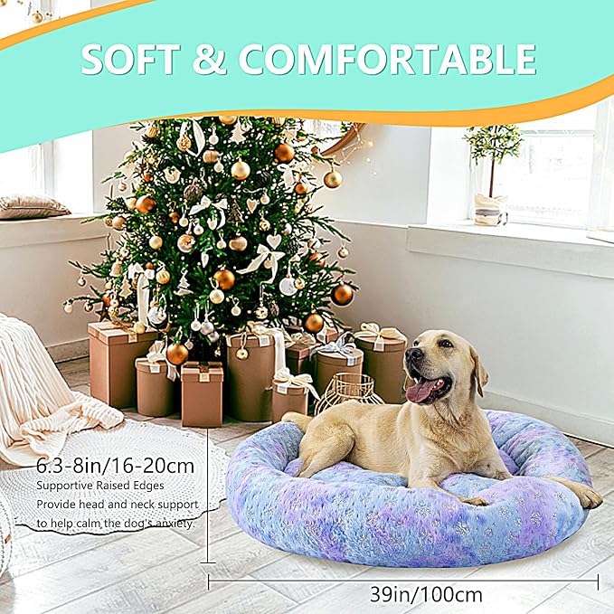 39 Inch Christmas Snowflakes Calming Dog Bed for Large Dogs, Round Anti-Anxiety Warm Bed, Soft Cozy Anti-Slip Donut Washable Pet Bed, Fits up to 100 lbs Pets
