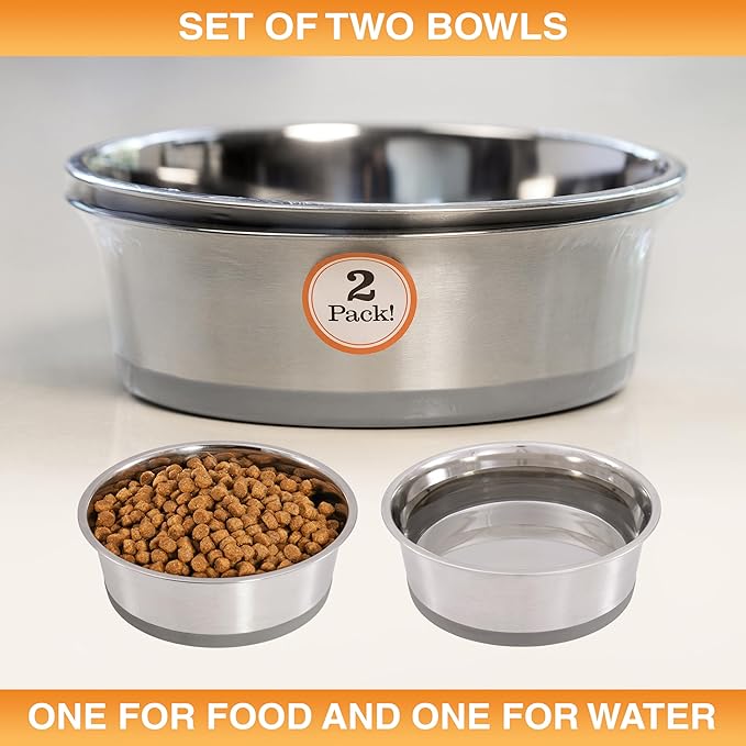 Neater Pet Brands Stainless Steel Dog Bowls with Non-Slip Rubber Bottom – Set of 2, 6 Cup (48 oz), Gray - Heavy Duty Metal Dog Bowl, Dishwasher Safe, Food or Water Bowl, Ideal for Large Dogs