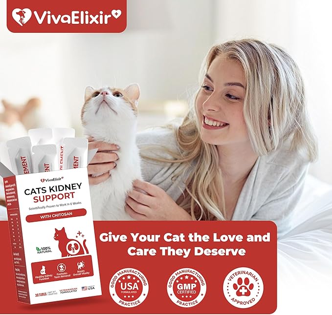 Cat Kidney Support Chitosan & L-Lysine – Boosts Kidney Health & Function, Promotes Toxin Removal, Restores Kidney Function, Enhances Vitality – Natural Ingredients for Cats – 30 Tubes