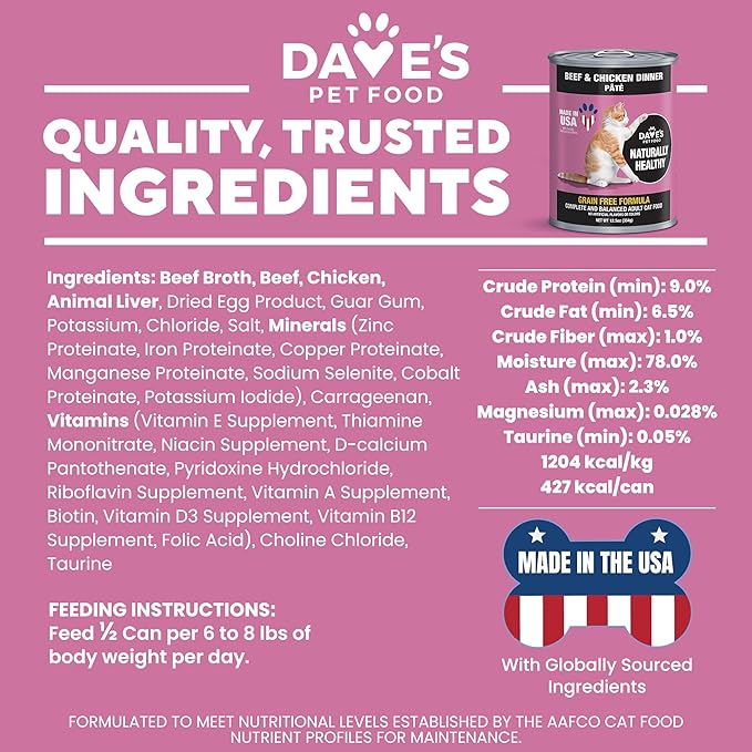 Dave's Pet Food Grain Free Wet Cat Food Pate (Beef & Chicken), Made in USA Naturally Healthy Canned, 12.5 oz Cans (12 Pack)