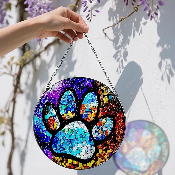 Stained Glass Window Hanging, DOUHASU Pet Memorial Suncatcher Ornament, Dog Memorial Gifts for Loss of Dog, Pet Lovers Gifts, Thoughtful Dogs and Cats Remembrance, Bereavement Gift