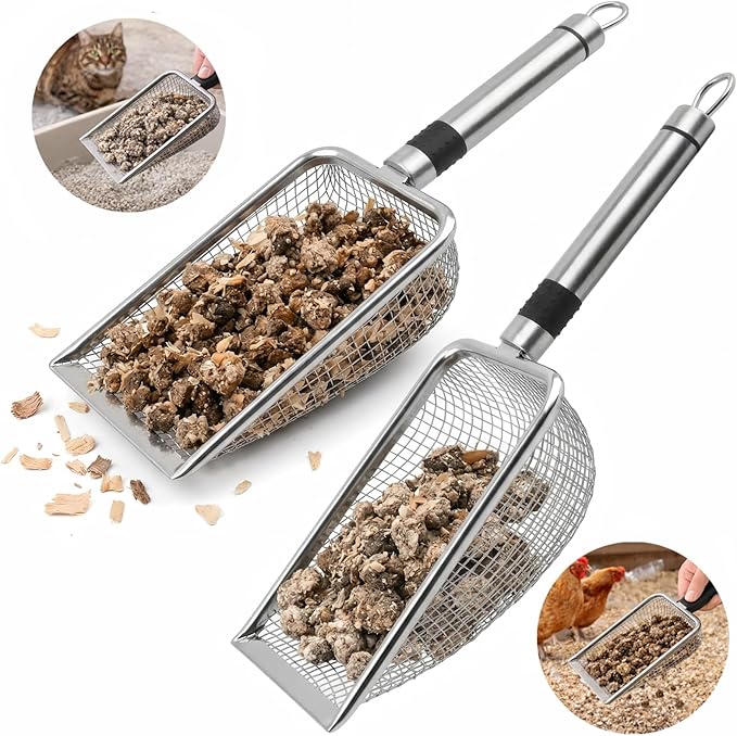 Chicken Poop Scooper 2 Pack, Stainless Steel Chicken Coop Scoop with 3.8mm & 5mm Mesh, Metal Litter Scoop for Chicken Coop Cleaning, Cat Litter Box and Sand
