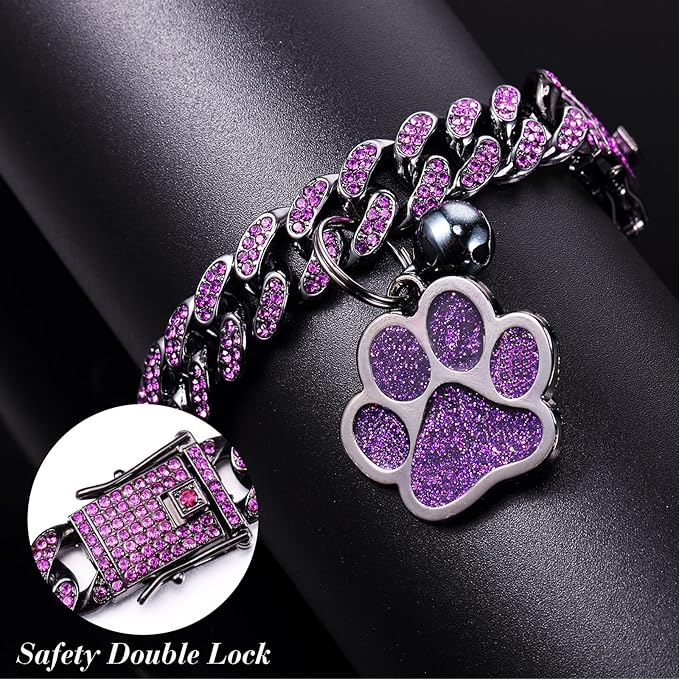 Hillban Cat Collar Diamond Chain Glitter Collar Walking Metal with Secure Buckle Cat Pet Necklace with Paw Charm and ID Tag Bell Link Cuban Jewelry Accessories Gift(10 Inch,Steel Black, Purple)