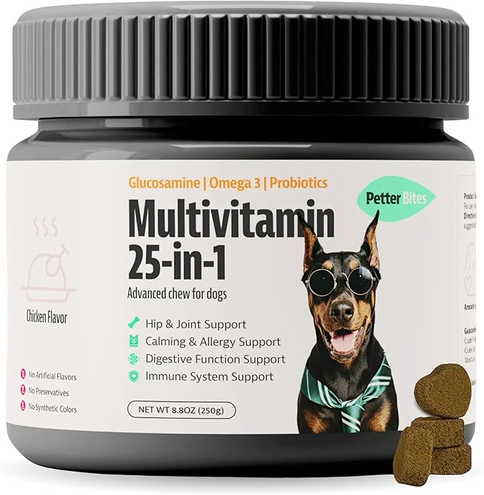 25-in-1 Dog Multivitamin with Omega 3, Glucosamine, Probiotics - Dog Vitamins and Supplements for Hip & Joint, Calming, Allergy Relief, Digestive & Immune Support - 100 Soft Chews, 250g