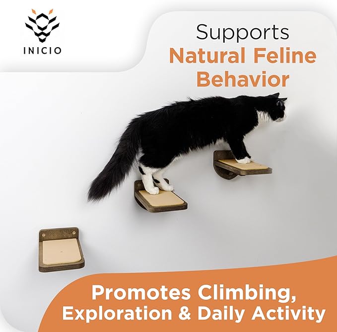 INICIO Cat Wall Stairs - Set of 3 Wall Steps for Cats to Climb with Fixtures, 8.7"x4.7" - Floating Steps for Climbing or Playing - for Kittens and Adult Cats, Dark Brown
