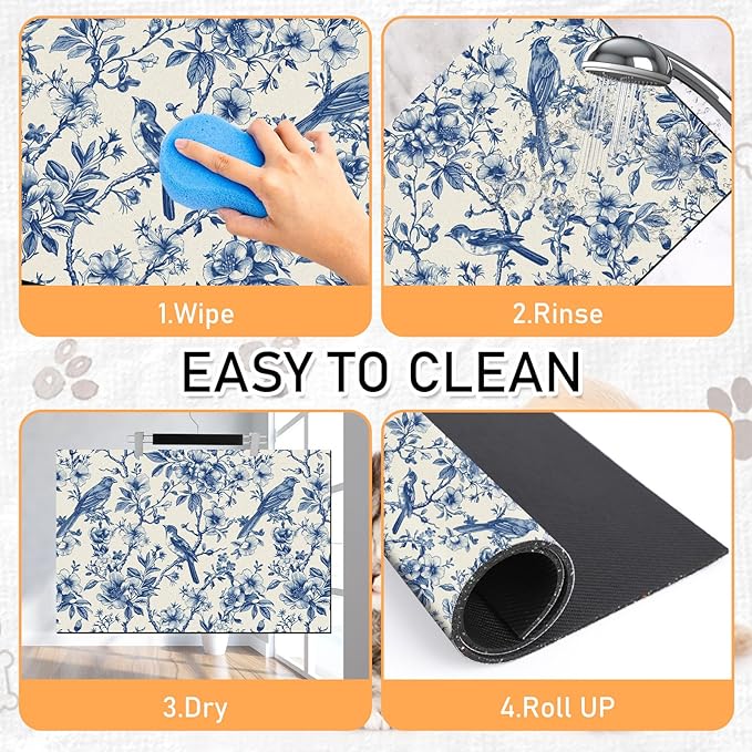 Dog Cat Food Mat - Absorbent Quick Dry Dog Bowl Mats for Food and Water, Anti Slip Cat Feeding Placemat for Floors, Diatomite Pet Dish Matts Accessories Supplies, Floral Bird Style, 16*24in