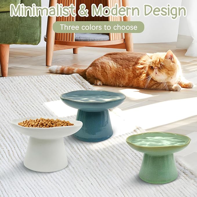 VCEPJH Raised Cat Food Bowls Shallow Cat Plate Ceramic Elevated Cats Dish 6.1in Flat Anti Whisker Fatigue Wide Pet Food & Water Feeder for Indoor Kitty Kitten (White)