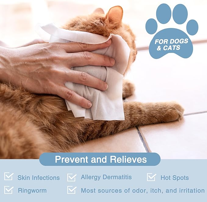 Antifungal and Antibacterial Wipes for Dogs & Cats, Dog Yeast Infection Treatment Wipes, All Natural Grooming Wipes for Cleaning, Help with Hot Spots, Ringworm, and Skin Infections, 160 Count