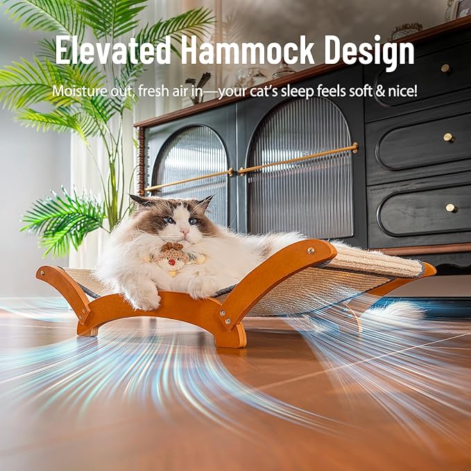 Sisal Cat Scratcher Bed for Indoor Large Cats Lounger & Sleep, Natural Durable Cat Scratching Hammock Pad Board, Solid Wooden Kitten Chair Furniture Easy Assembly
