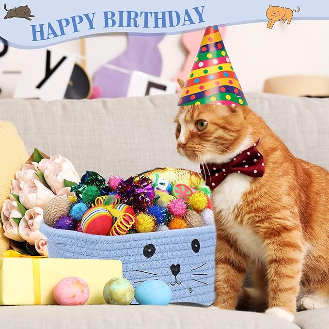 Zopeal 58 Pcs Valentine's Day Cat Storage Basket Gift Toys Set, Colorful Flashing Balls Pet Bell Crinkle Balls Spring Toys Attract Cat to Swat, Hunt, Interactive for Pet(Light Blue,9.8 Inch)