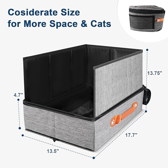 17.7''x 13.5''x 13.7" Travel Litter Box for Cats, Collapsible Cat Litter Box with Lid, Portable Cat Box with Zipper & Hard Bottom, Leak-Proof Kitty Litter Pan for Car Hotel Airplane, Water-Resistant