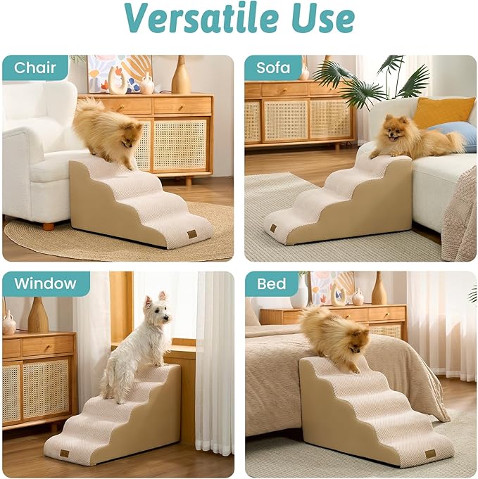 Dog Stairs for Small Dogs 19.7"H, 5-Step Sturdy Foam Dog Steps for Couch, Bed or Sofa, Curved Pet Stairs for Puppy and Older Cat, Doggie Ladder with Washable Cover, 15.7x33x19.7 inch, Beige