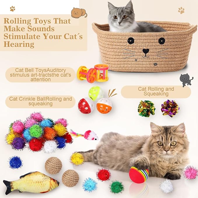 Zopeal 58 Pcs Valentine's Day Cat Storage Basket Gift Toys Set, Colorful Flashing Balls Pet Bell Crinkle Balls Spring Toys Attract Cat to Swat, Hunt, Interactive for Pet(Khaki,9.8 Inch)