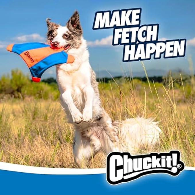 Chuckit! Flying Squirrel Fetch Dog Toy - Water Floating Flyer - Soft and Durable Polyester Canvas Construction - For Medium Dogs - Size Medium - 9.5-inch Diameter - Pack of 1 - Orange and Blue