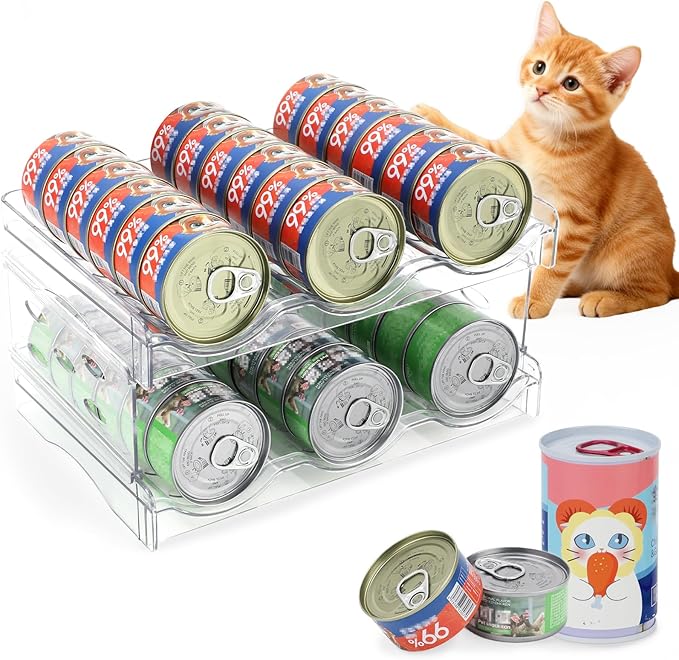 FHTONGE Heavy-Duty Cat Can Organizer for Multiple Sizes, Transparent Wet Cat Food Storage Rack for Pantry Kitchen Cabinet Rridge, 2-Tier Pet Canned Goods Dispenser Shelf Dog Tins Holder Container