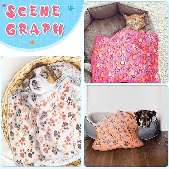 Tatuo 4 Pcs Dog Blanket for Pet Puppy Teething Toys Paw Print Fleece Blanket for Pet Cat Soft Warm Sleep Mat Guinea Pig Cage Mat(Medium(30 x 20.5 Inch),White)