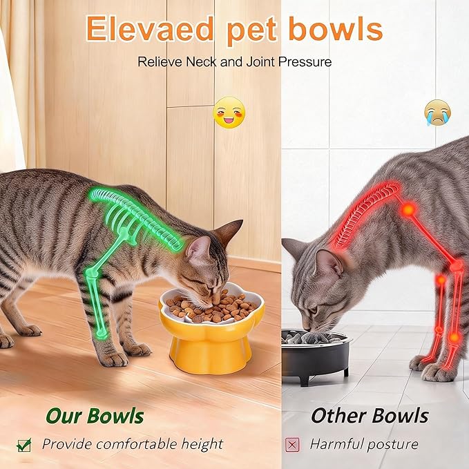 Cat Slow Feeder Flower-Shaped Ceramic Slow Feeder Cat Bowl, Tilted Raised Cat Slow Feeder Bowl for Whisker Relief, Prevents Vomiting & Bloating, Non-Slip Base, Cat Bowls for Dry and Wet Food