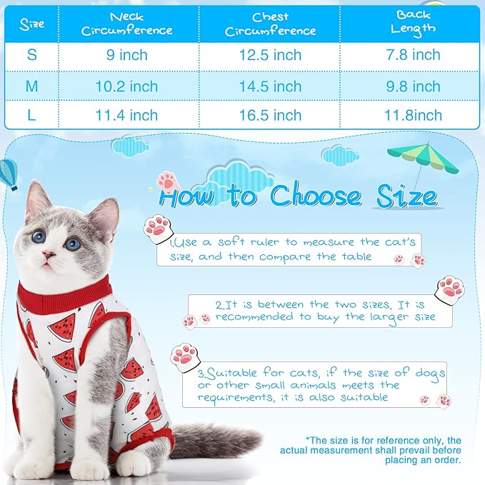 Nuanchu 3 Pieces Cat Recovery Suit Kitten Recovery Suit E-Collar Alternative for Cats and Dogs Abdominal Skin Anti Licking Pajama Clothes Sets(Medium,Watermelon Style,Colorful)