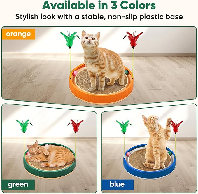 20-Inch Round Cat Scratcher Bed with Ball Track – 3-in-1 Interactive Cardboard Scratching Pad with Feather Toy & Non-Slip Base – Great for Indoor Cats, Active Kittens & Large Breeds (Green)
