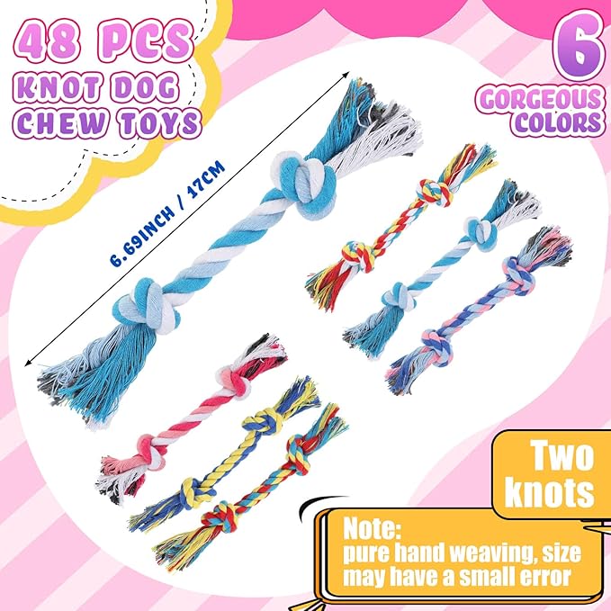 Syhood 48 Pack Dog Chew Rope Toy Bulk, 2-Knot Cotton Puppy Chew Rope for Teething, Tug of War Dental Toys for Small & Medium Dogs, Aggressive Chewers Puppies