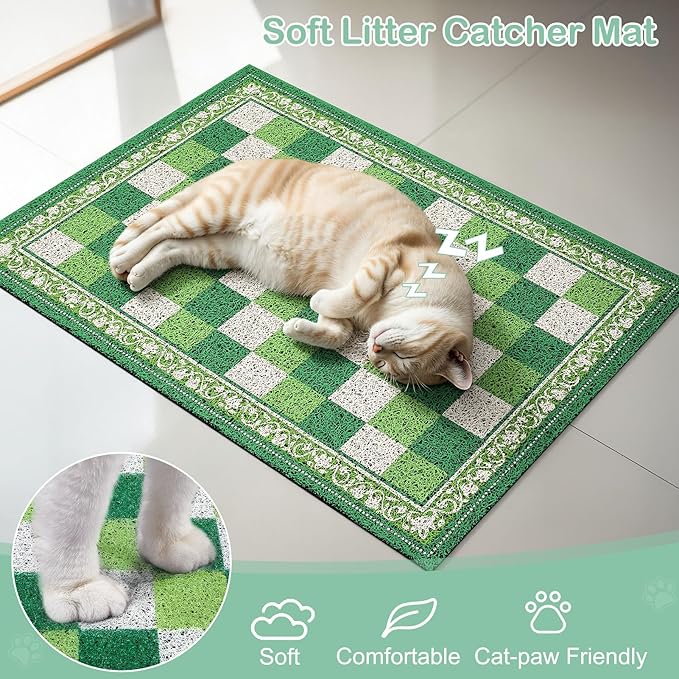 Bienbee Cat Litter Mat, 33" x 22" Waterproof Litter Box Mat Litters Rug with Non-Slip Bottom, Easy to Clean Litter Trapping Mat for Cat,Green Checkerboard L