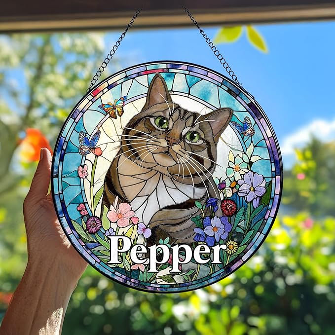 Custom Cat Dog Portrait Art Suncatcher Stained Glass Window Hanging Remembrance Gift Indoor Decor Dog Bereavement Keepsake Loss of Pet Sympathy with Name Date Portrait